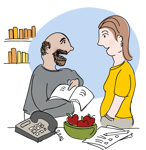 Illustration of two people talking, person on the left is holding book of resources pointing to a page; in the room is a library, phone, bowl of healthy apples and a questionnaire