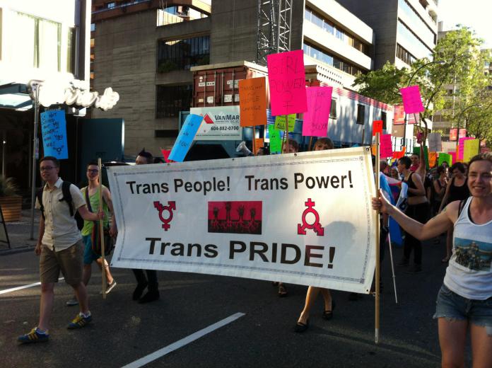 Photo of March; people holding banner with text "Trans People! Trans Power! Trans PRIDE!".