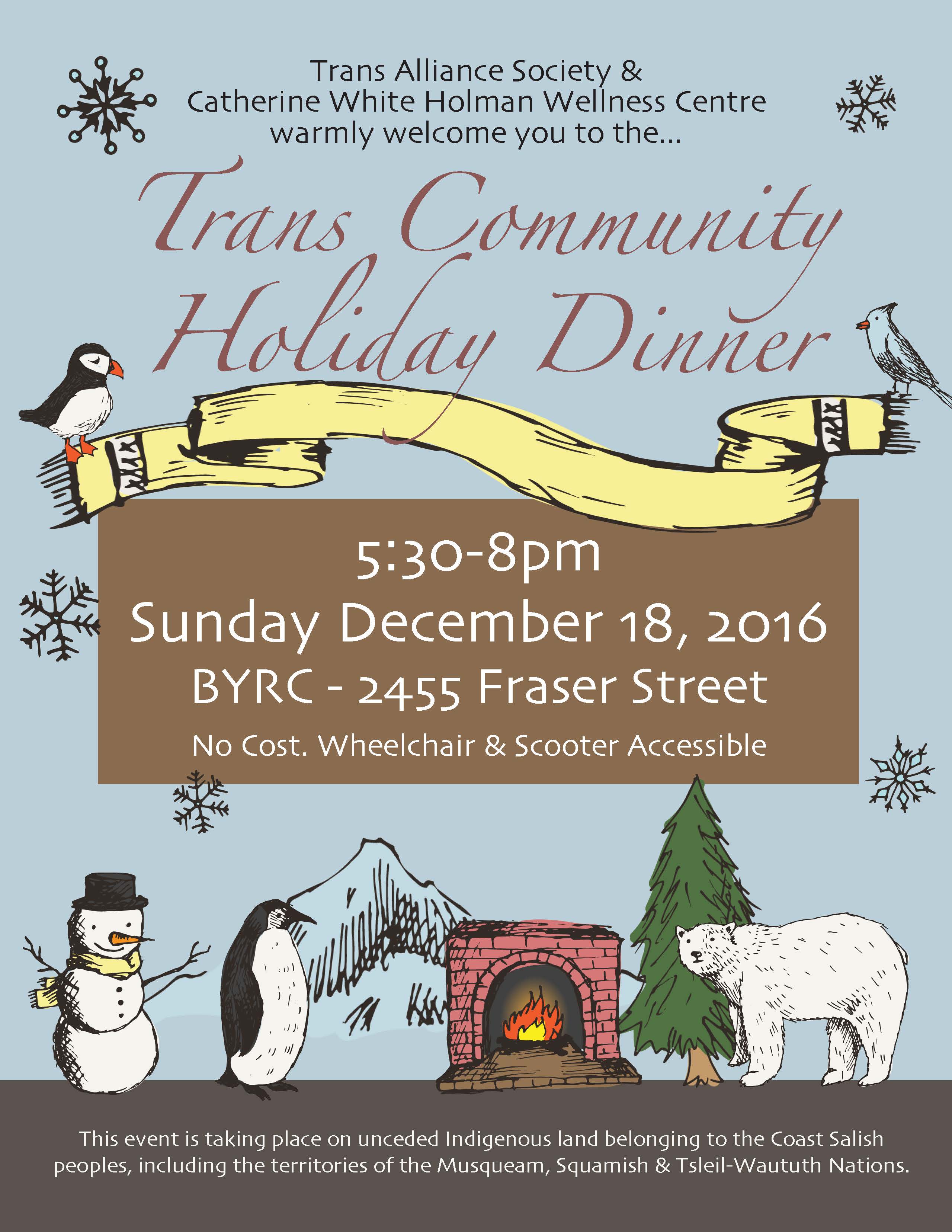 Trans Community Holiday Dinner Poster; details in following text.